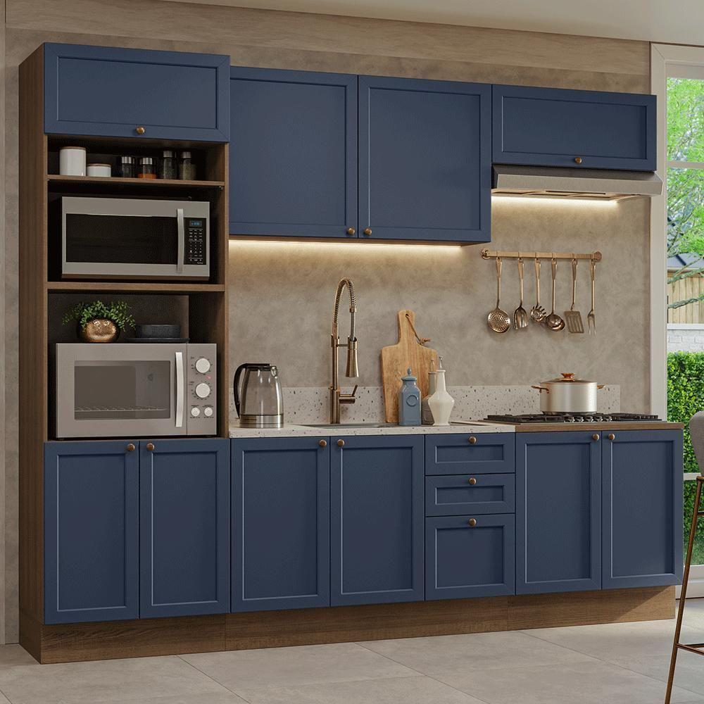 Armário De Cozinha Completa 270 Cm Rustic/azul Vik Madesa 01 Rustic/azul - 1