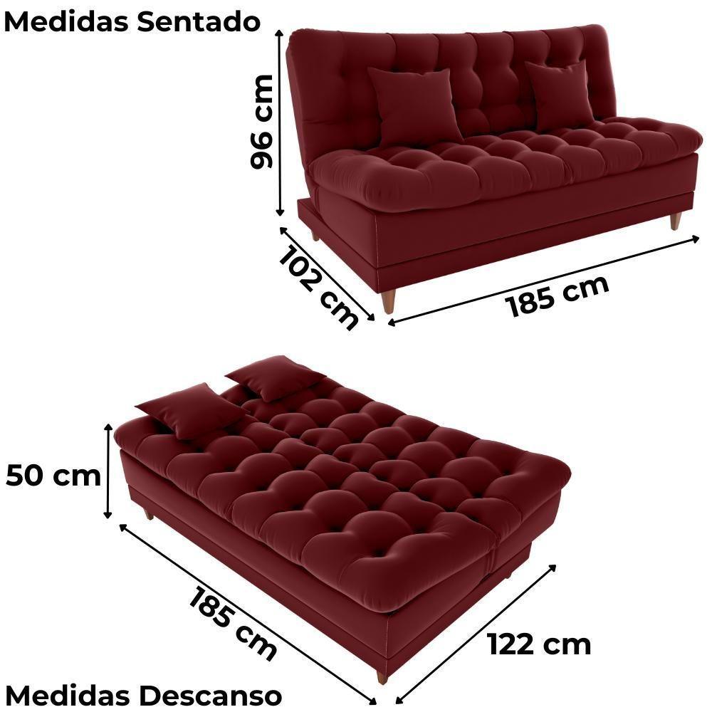 Sofa Cama 2 Lugares 185 Cm Duda Veludo E432 Milani Store Vermelho - 3