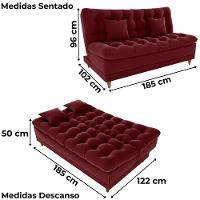 Sofa Cama 2 Lugares 185 Cm Duda Veludo E432 Milani Store Vermelho - 3