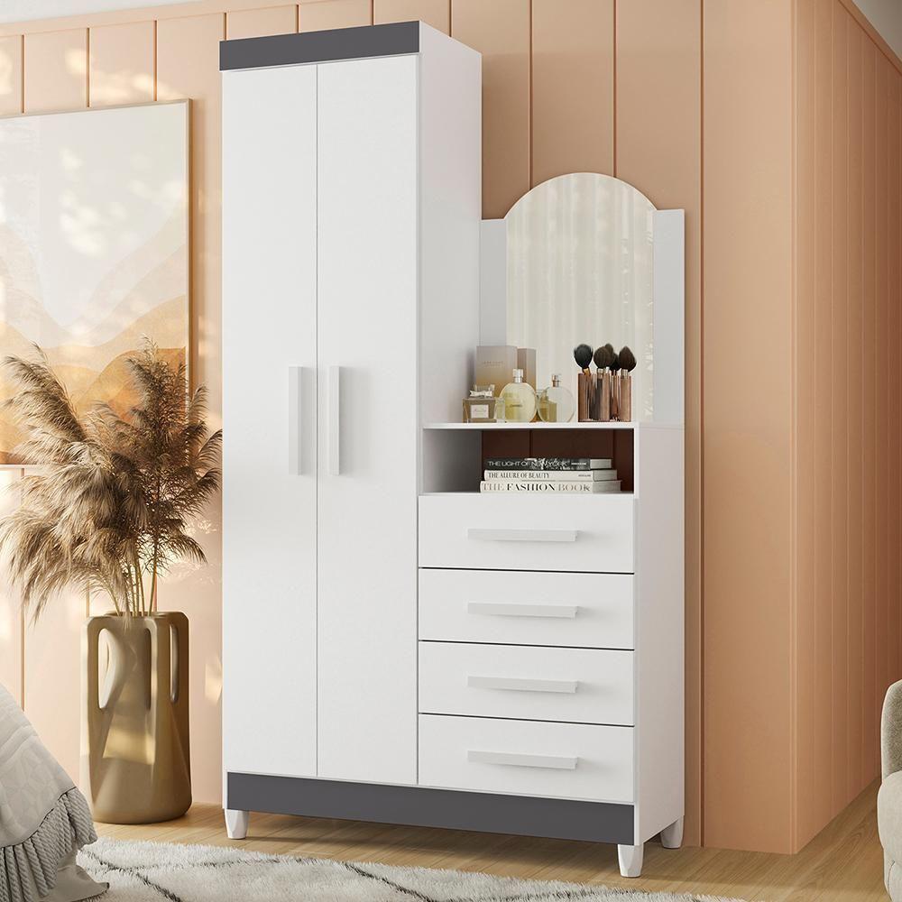 Cômoda New Capri 2 Portas E 4 Gavetas Quadriflex Branco/titanium Com Espelho - Móveis Albatroz Branco/titanium - 2