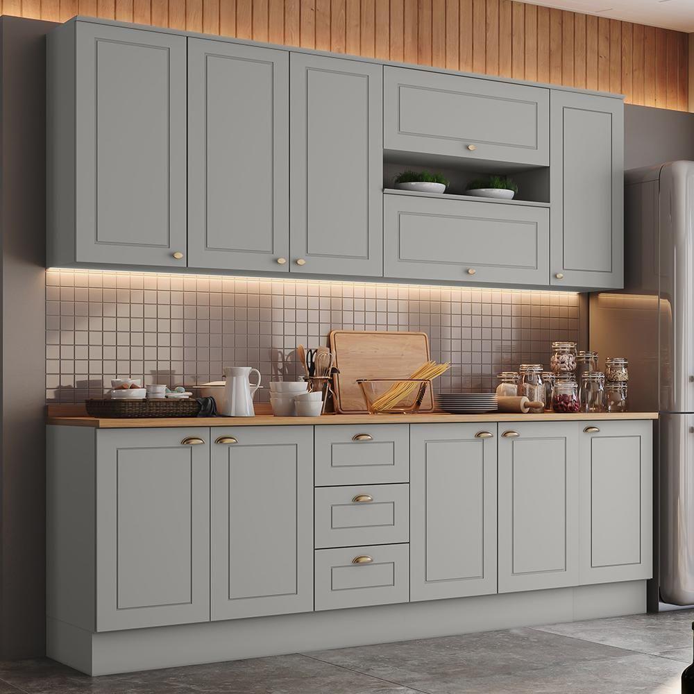 Cozinha Completa Americana 7 Peças Cinza/nature Com Tampo - Móveis Henn Cinza/nature - 7