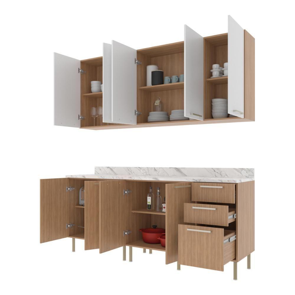 Cozinha Compacta 4 Peças Com Armário E Balcão Com Tampo Multimóveis Cr20448 Freijó/branco/mármore Branco - 5