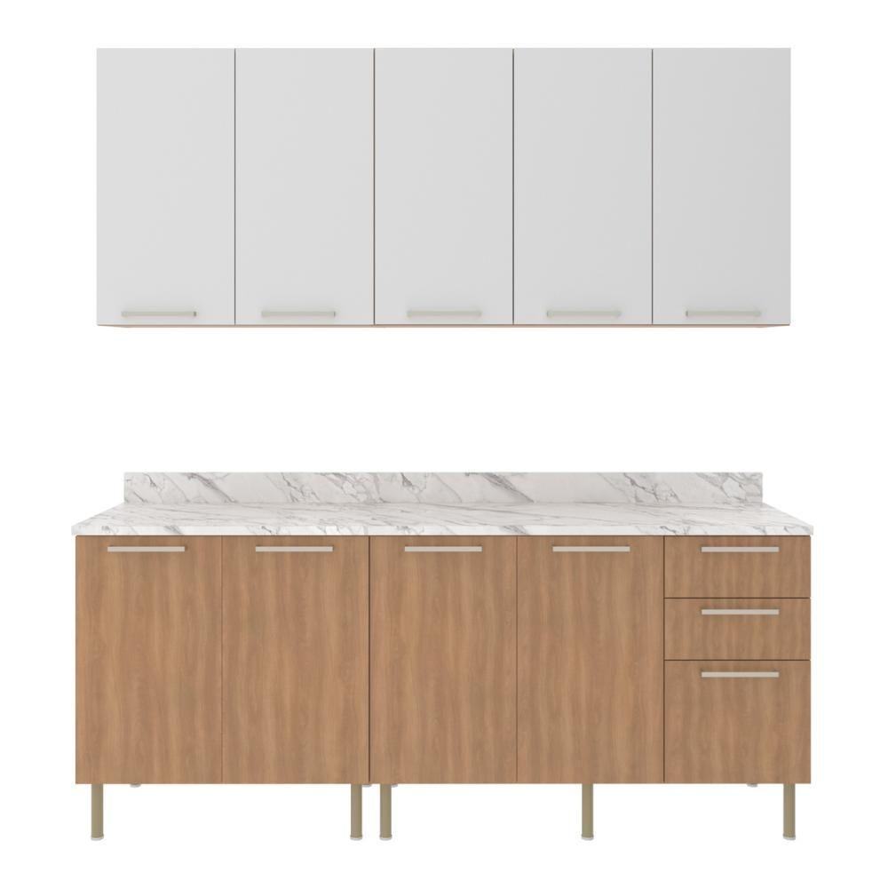 Cozinha Compacta 4 Peças Com Armário E Balcão Com Tampo Multimóveis Cr20448 Freijó/branco/mármore Branco - 6