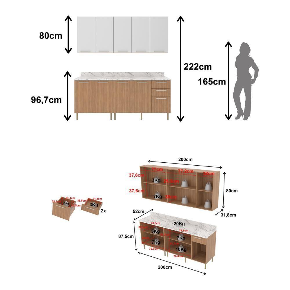 Cozinha Compacta 4 Peças Com Armário E Balcão Com Tampo Multimóveis Cr20448 Freijó/branco/mármore Branco - 7