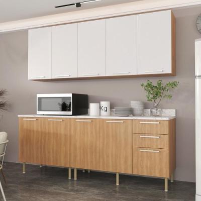 Cozinha Compacta 4 Peças CR20448 9 Portas 3 Gavetas MDF 200cm Freijó Mármore Branco