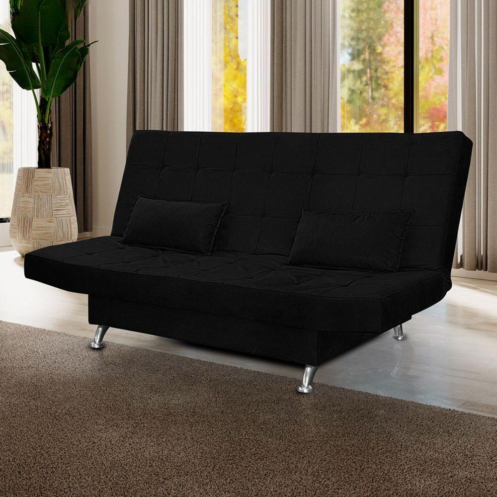Sofá Cama 3 Lugares Com Almofada Califórnia Suede Preto - 2