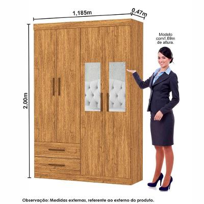 Guarda Roupa Casal Lu 4 Portas 2 Gavetas Cinamomo MDP com Espelho Carioca Móveis