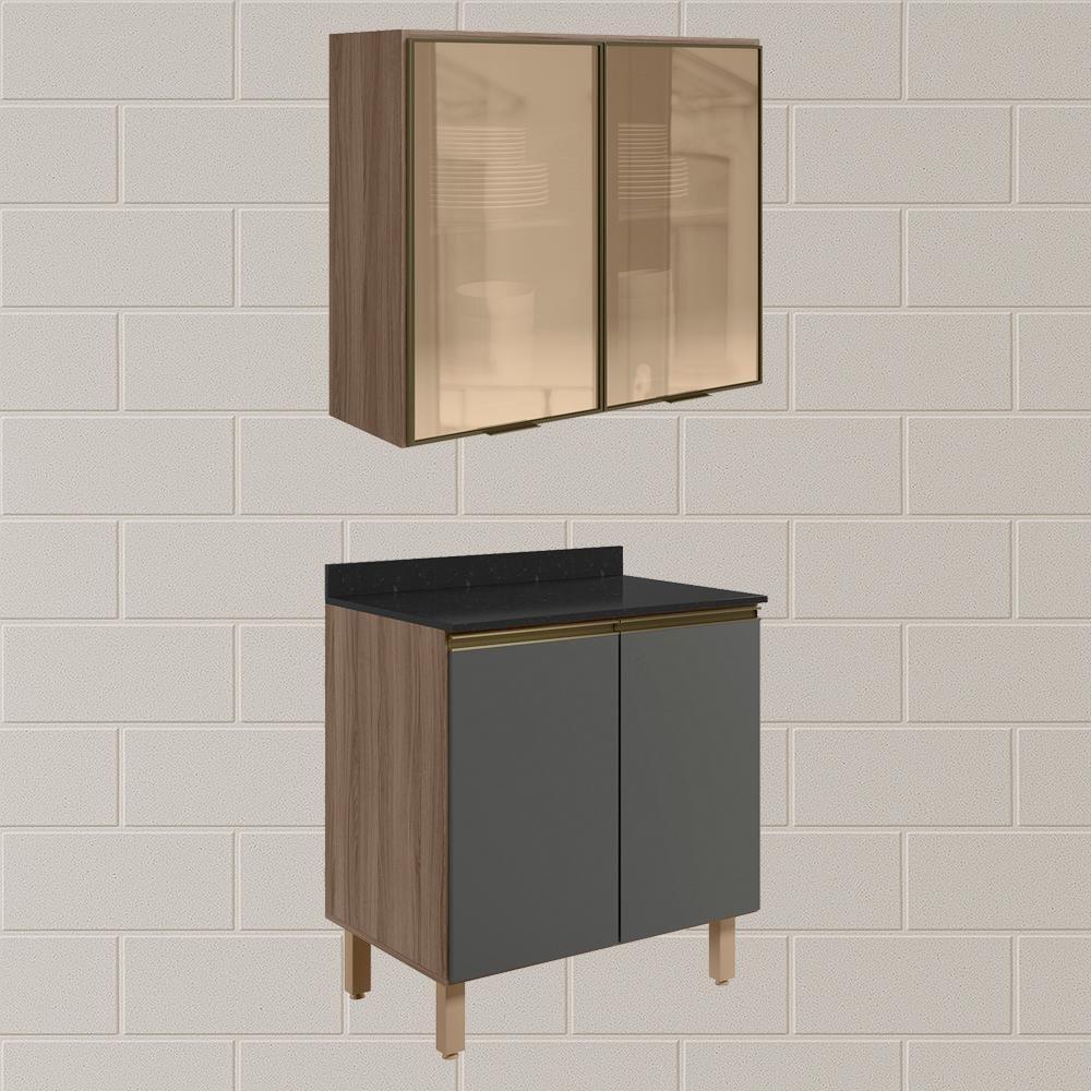 Armario Aereo Vidro Balcao 2p 80cm Mdf Kali Nicioli Carvalho Toq Chumbo - 2