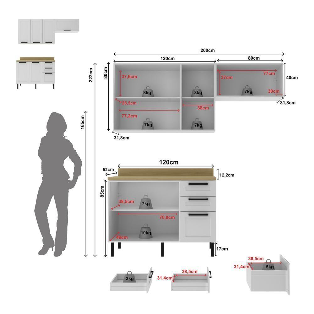 Cozinha Compacta Mdf 3 Peças Com Armários E Balcão Com Tampo Multimóveis Cr20456 Branco/carvalho Tropical - 3