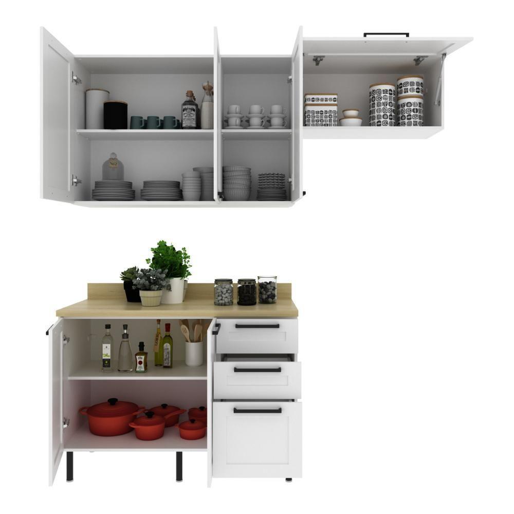 Cozinha Compacta Mdf 3 Peças Com Armários E Balcão Com Tampo Multimóveis Cr20456 Branco/carvalho Tropical - 4