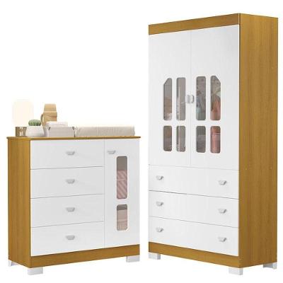 Guarda Roupa e Cômoda Infantil New Katatau 2 Portas de Bater 7 Gavetas em MDF Branco Acetinado