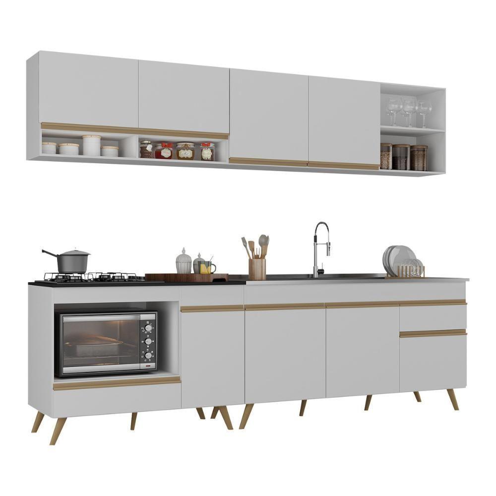 Armário De Cozinha Modulada Compacta 4 Pçs Com Balcão Para Cooktop Veneza Multimóveis Mp2261 Branco/dourado - 2