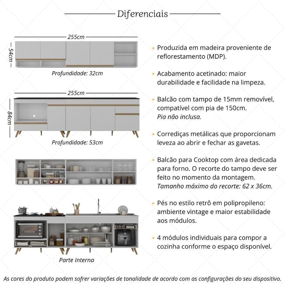 Armário De Cozinha Modulada Compacta 4 Pçs Com Balcão Para Cooktop Veneza Multimóveis Mp2261 Branco/dourado - 3
