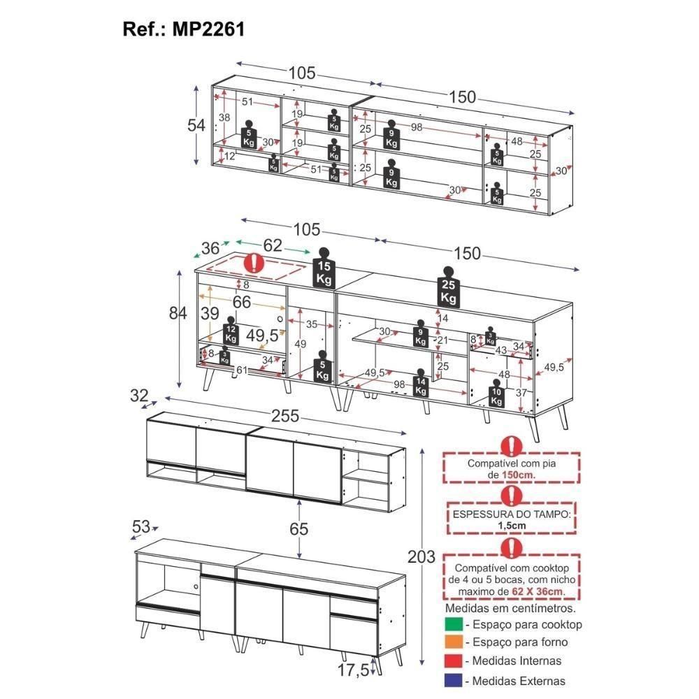 Armário De Cozinha Modulada Compacta 4 Pçs Com Balcão Para Cooktop Veneza Multimóveis Mp2261 Branco/dourado - 4