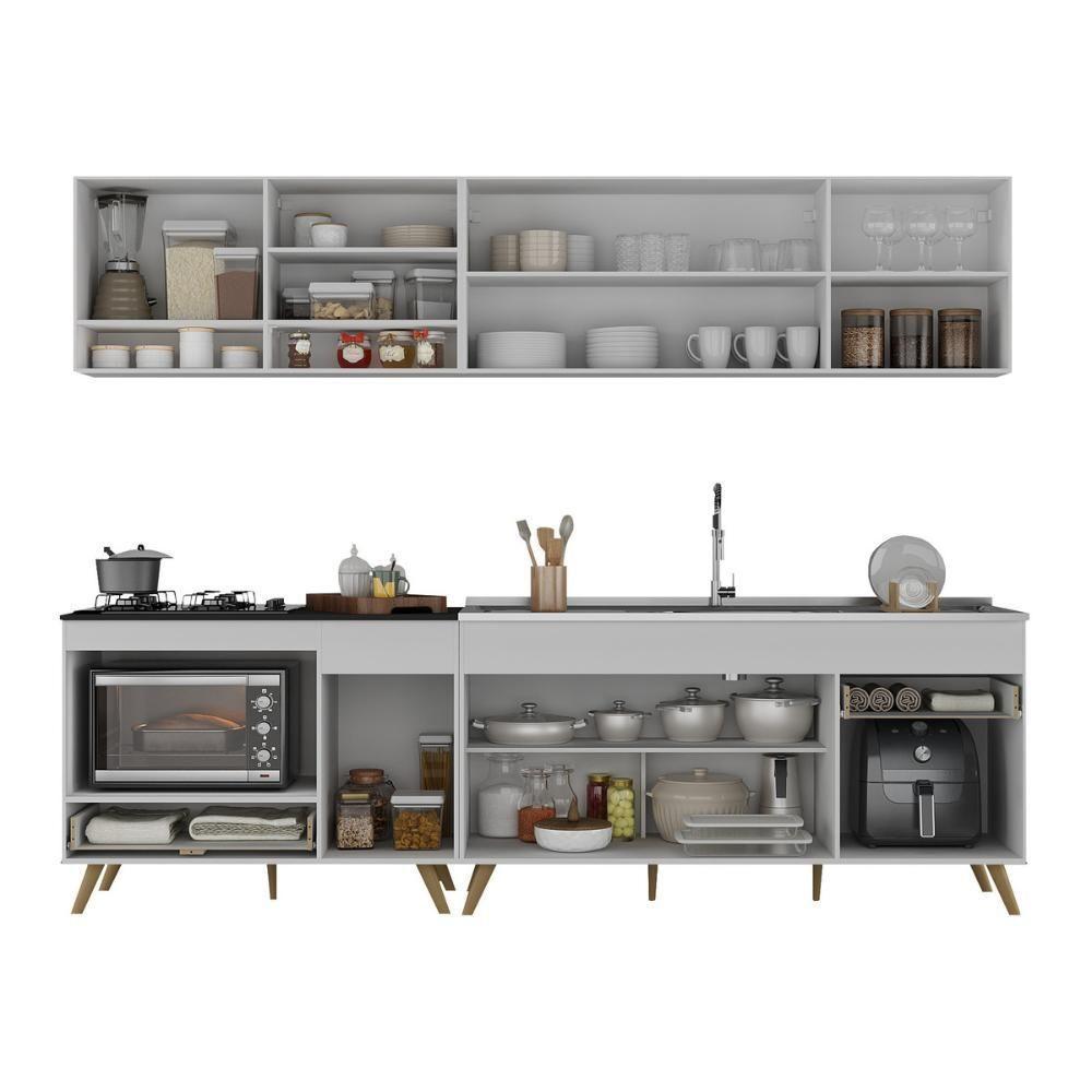 Armário De Cozinha Modulada Compacta 4 Pçs Com Balcão Para Cooktop Veneza Multimóveis Mp2261 Branco/dourado - 5