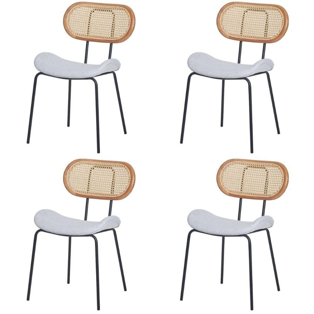 Kit 4 Cadeiras Toscana Fratini Estrutura Aço Preto Encosto Madeira Tela Rattan Assento Tecido Cinza - 1
