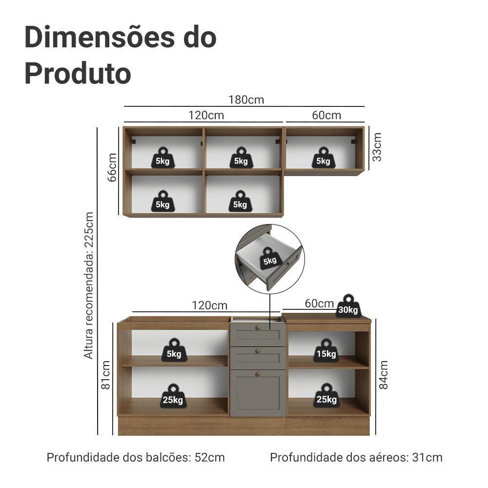 Armário De Cozinha Compacta 180 Cm Rustic/cinza Vik Madesa 01 Rustic/cinza - 3