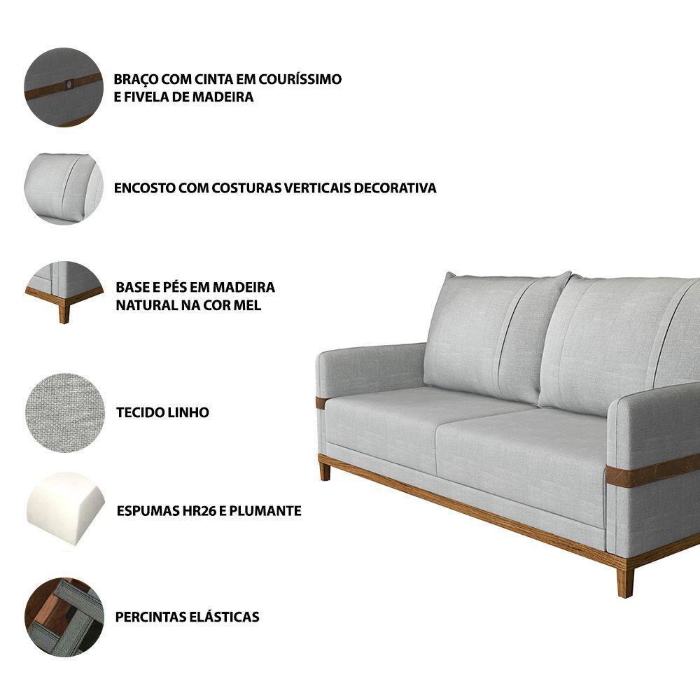 Sofá 3 Lugares 2m Living Com Almofadas Pés Madeira Linho Kazu Bex's Cinza - 6