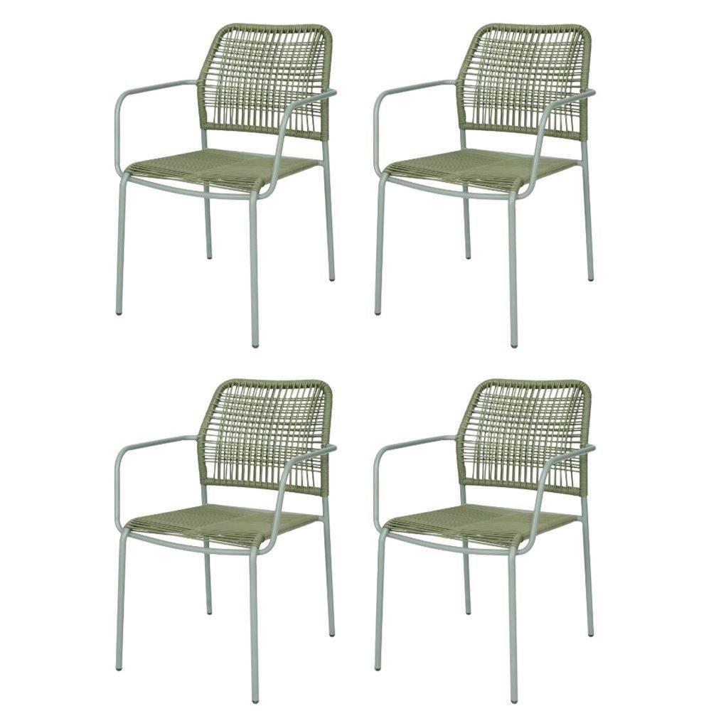 Kit 4 Cadeiras Com Braços Empilhável Copacabana Fratini Aço Carbono Verde Trama Corda Náutica Verde - 1