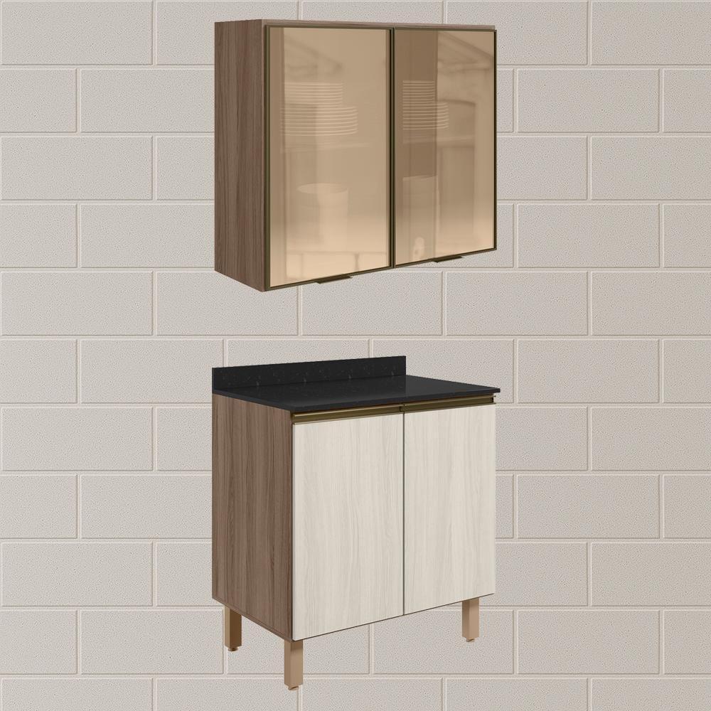 Armario Aereo Vidro Balcao 2p 80cm Mdf Kali Nicioli Carvalho Toq Bianco Toq - 2