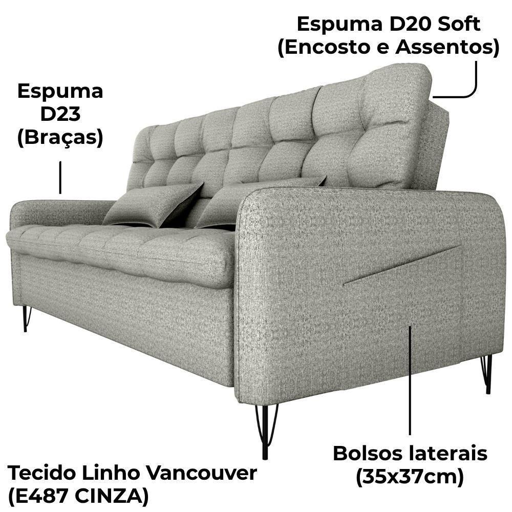Sofa Cama 2 Lugares 200cm Pillar Linho Vancouver E487 Milani Store Cinza - 4