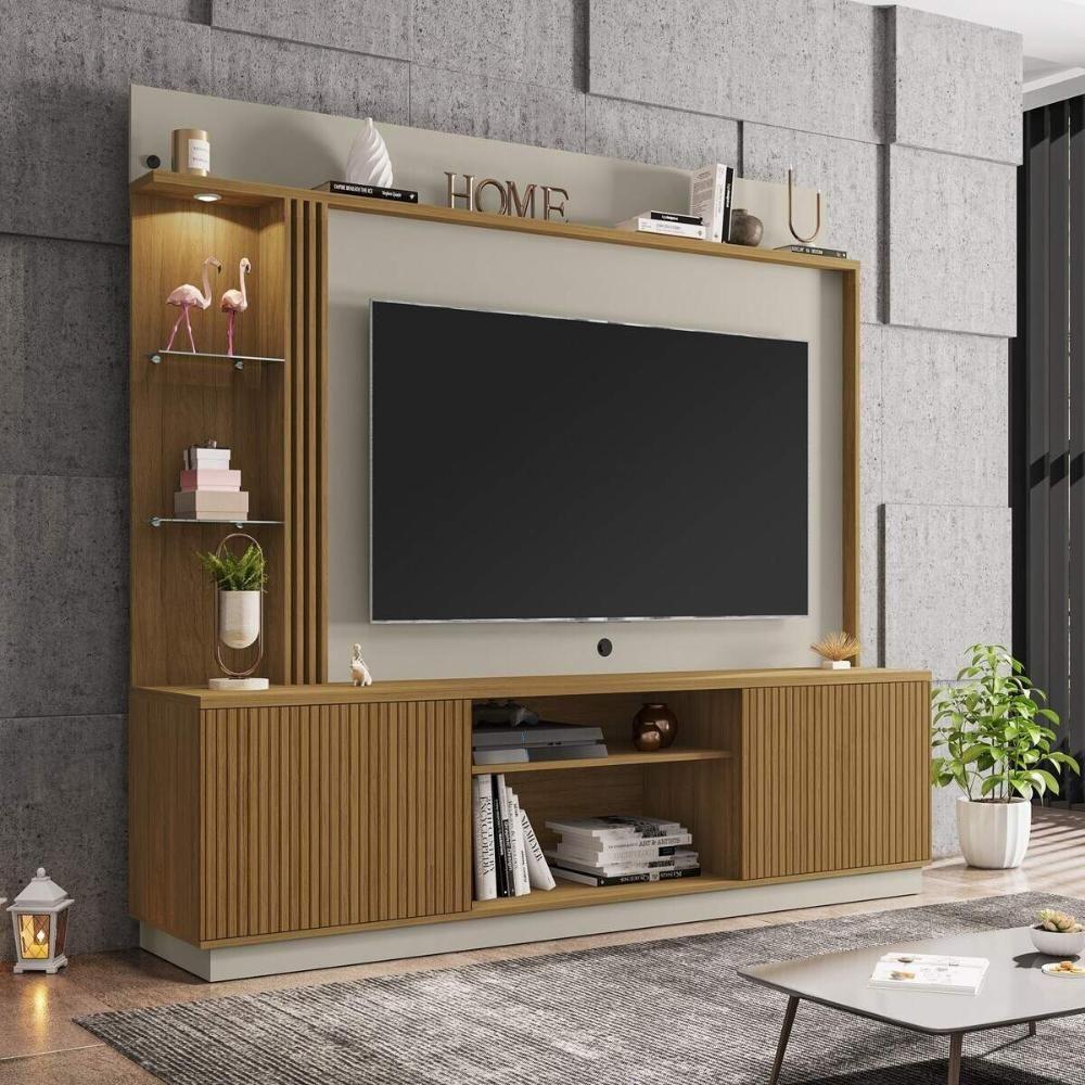 Rack Com Painel Para Tv Até 65 Polegadas Com Led Vidros E 2 Portas Multimóveis Cr45275 Cinamomo/off White/ripado - 1