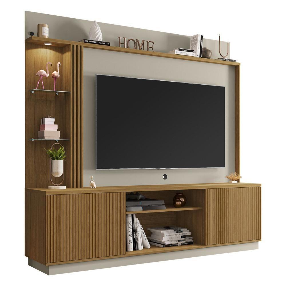 Rack Com Painel Para Tv Até 65 Polegadas Com Led Vidros E 2 Portas Multimóveis Cr45275 Cinamomo/off White/ripado - 2