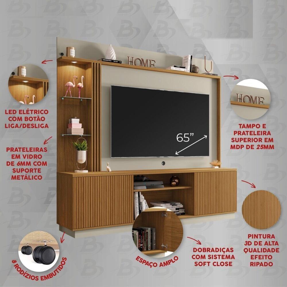 Rack Com Painel Para Tv Até 65 Polegadas Com Led Vidros E 2 Portas Multimóveis Cr45275 Cinamomo/off White/ripado - 3