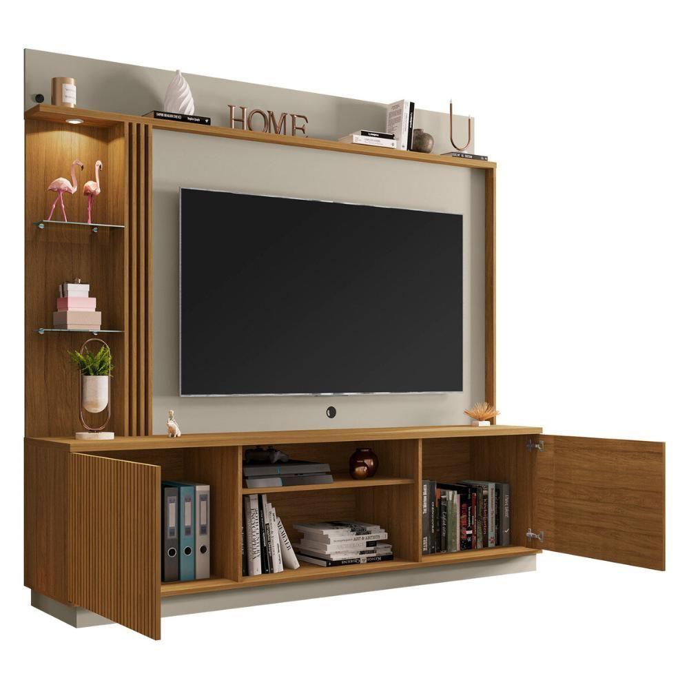 Rack Com Painel Para Tv Até 65 Polegadas Com Led Vidros E 2 Portas Multimóveis Cr45275 Cinamomo/off White/ripado - 5