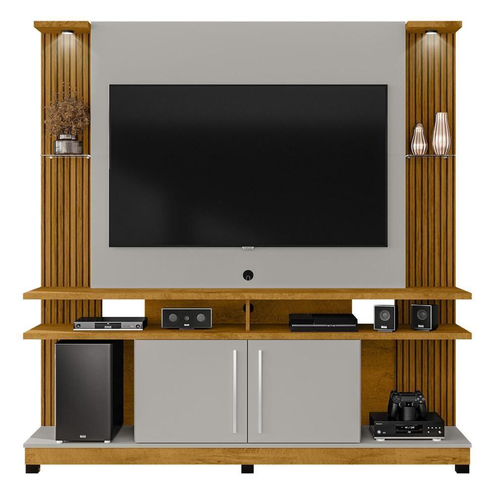 Rack Com Painel Para Tv Até 55 Polegadas Com Vidros 2 Leds E 2 Portas Multimóveis Cr45278 Naturalle/off White/ripado - 4