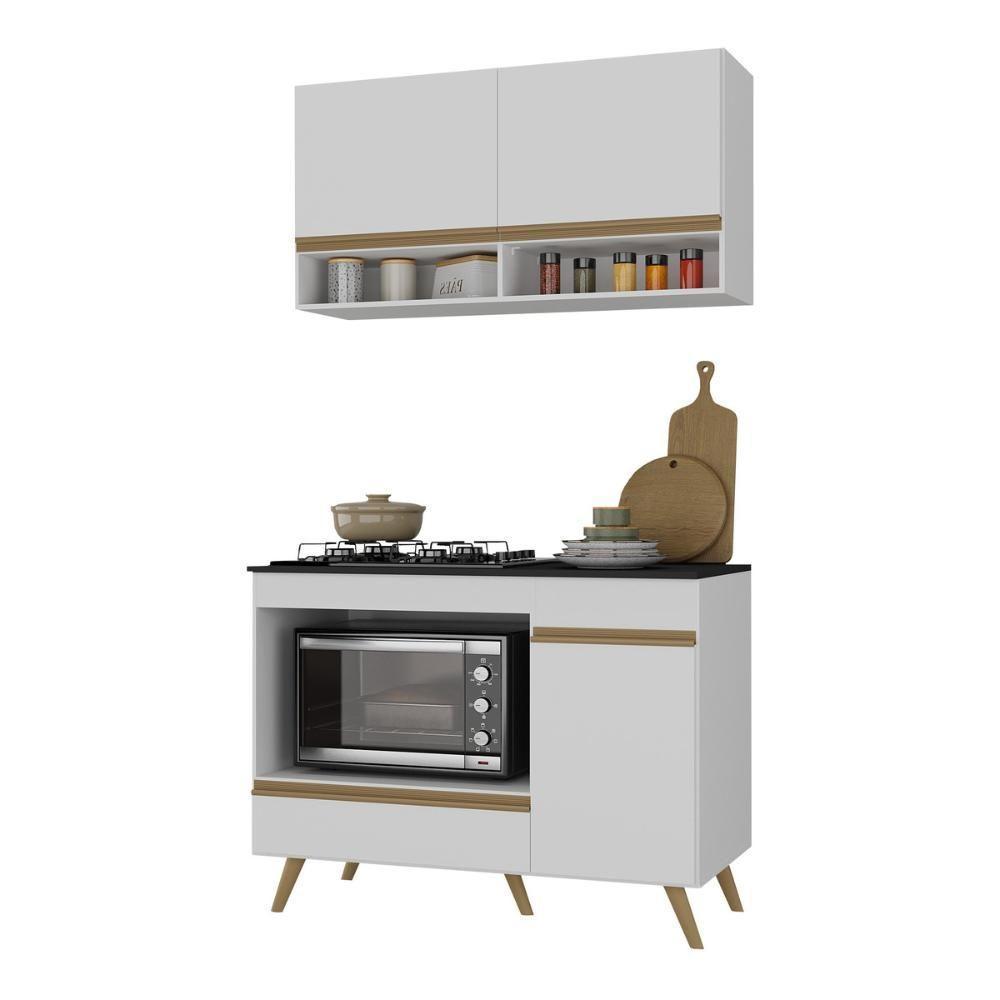 Armário De Cozinha Modulada Compacta 105cm Com Balcão Para Cooktop Veneza Multimóveis Mp2260 Branco/dourado - 2