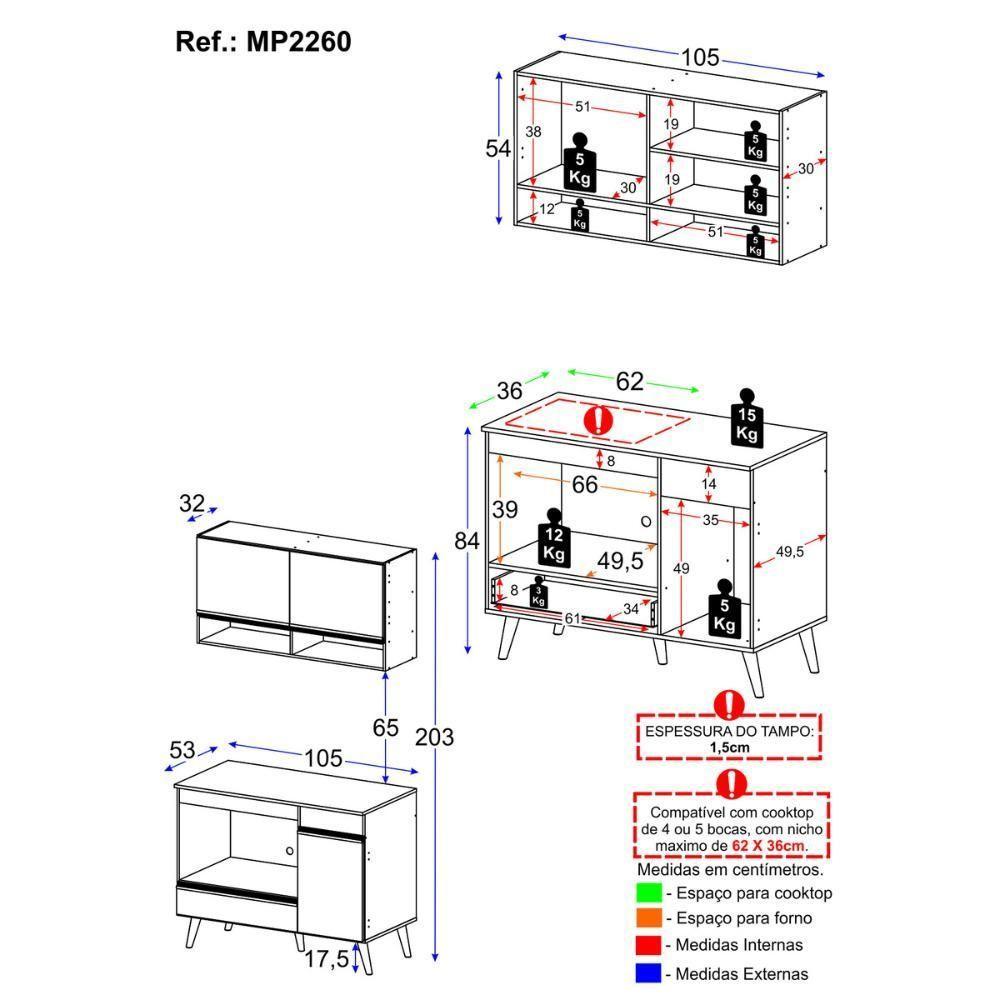 Armário De Cozinha Modulada Compacta 105cm Com Balcão Para Cooktop Veneza Multimóveis Mp2260 Branco/dourado - 4