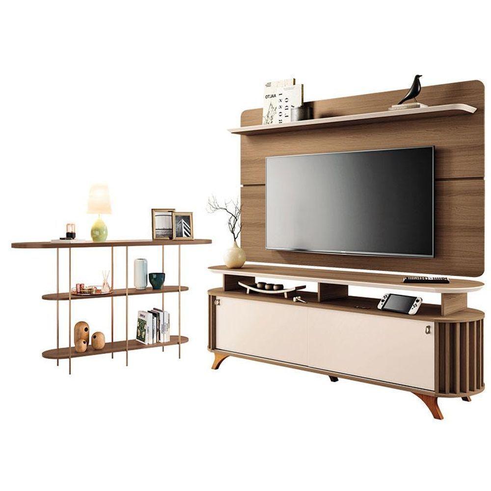 Rack Bancada Alba Com Painel Curv Com Aparador Infinity Castanho Off White - Hb Móveis - 1