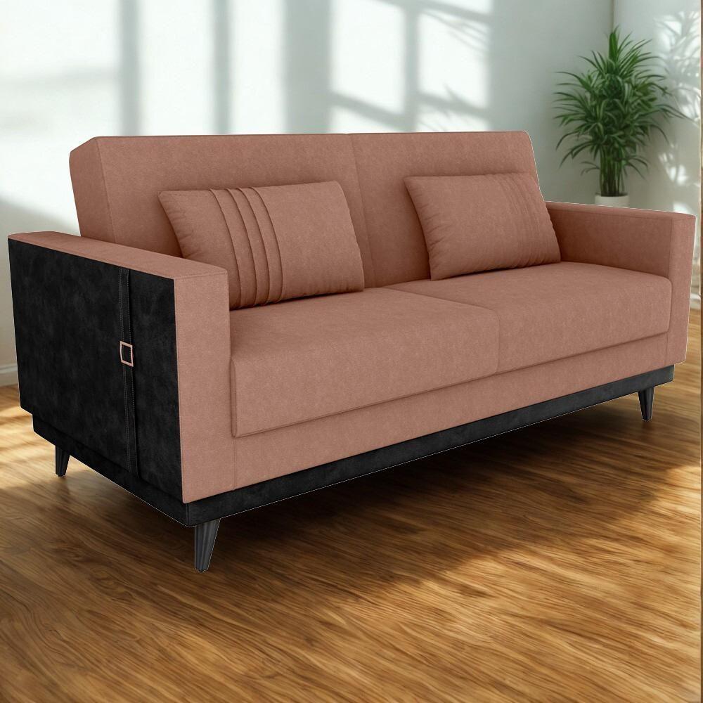 Sofa Cama 2 Lugares 203 Cm Boucle Corino Preto Milani Store Marrom - 2