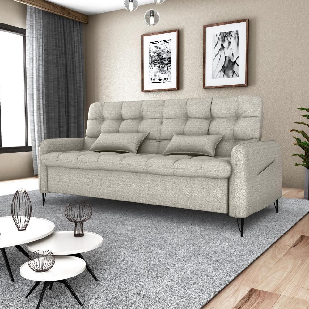 Sofa Cama 2 Lugares 200cm Pillar Linho Vancouver E483 Milani Store Bege - 9