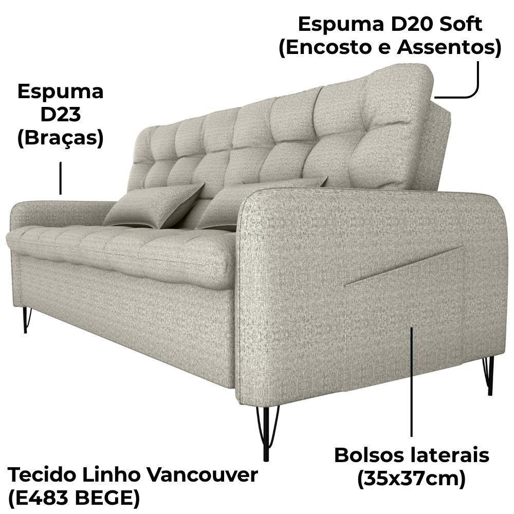 Sofa Cama 2 Lugares 200cm Pillar Linho Vancouver E483 Milani Store Bege - 10