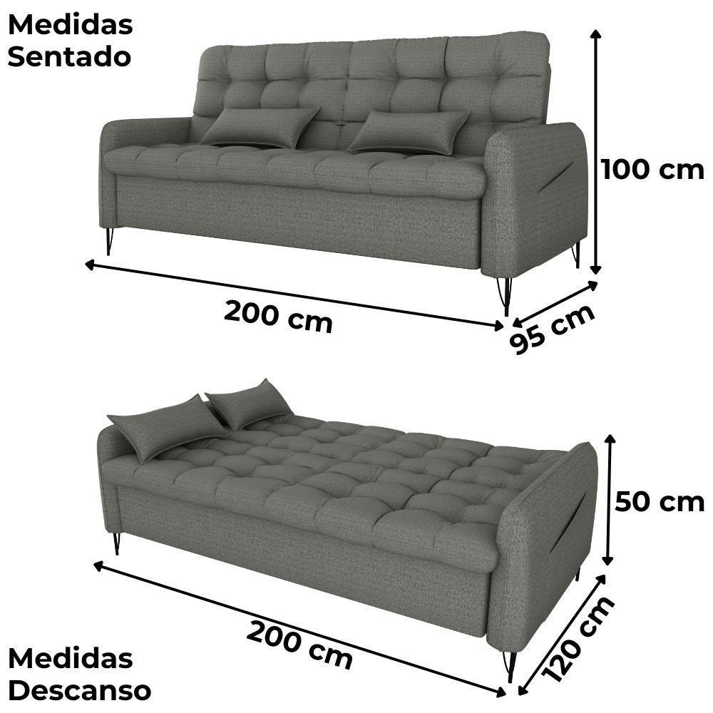 Sofa Cama 2 Lugares 200cm Pillar Linho Vancouver E484 Milani Store Chumbo - 3