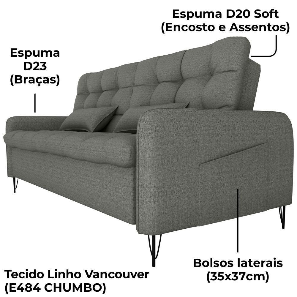 Sofa Cama 2 Lugares 200cm Pillar Linho Vancouver E484 Milani Store Chumbo - 7