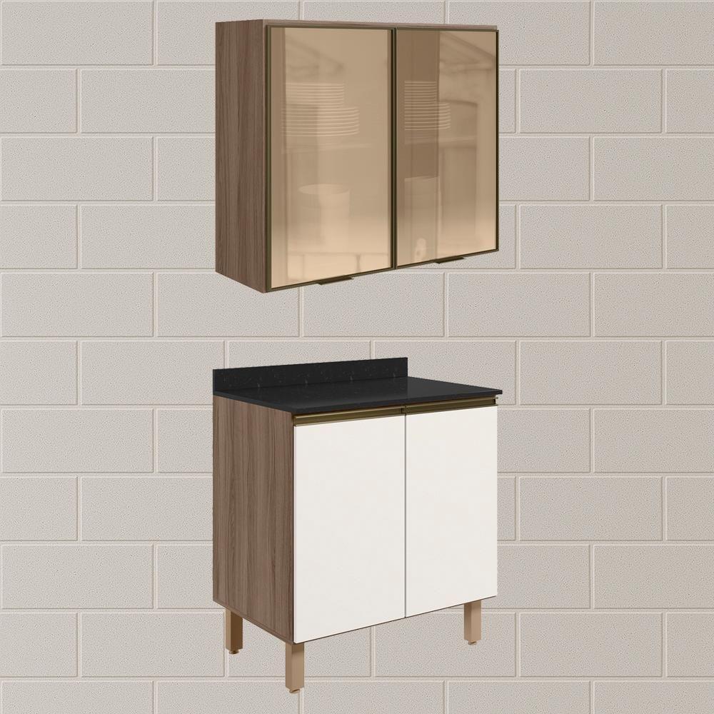 Armario Aereo Vidro Balcao 2p 80cm Mdf Kali Nicioli Carvalho Toq Off White Cetim - 2
