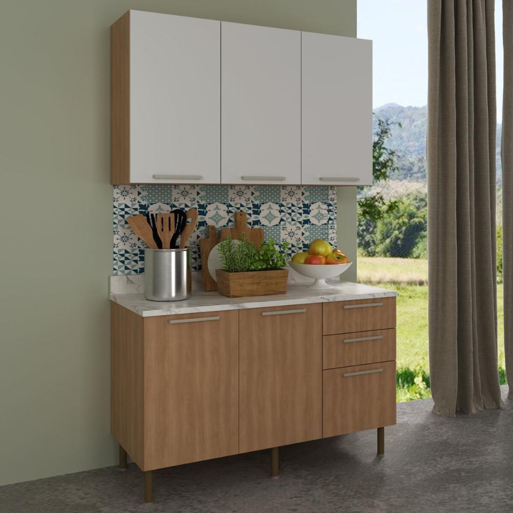Cozinha Compacta Com Armário E Balcão Com Tampo 120cm Multimóveis Cr20447 Freijó/branco/mármore Branco - 1