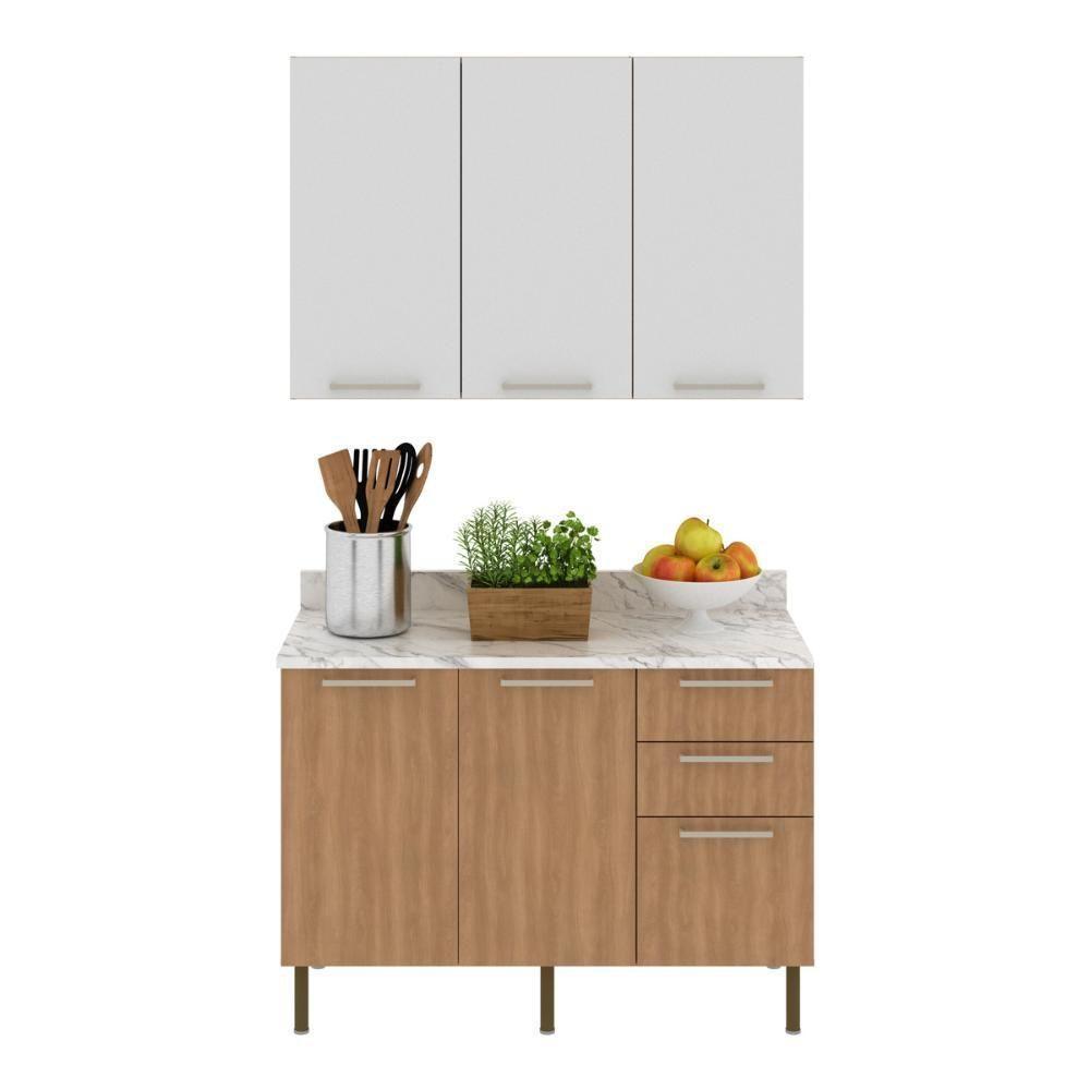 Cozinha Compacta Com Armário E Balcão Com Tampo 120cm Multimóveis Cr20447 Freijó/branco/mármore Branco - 5