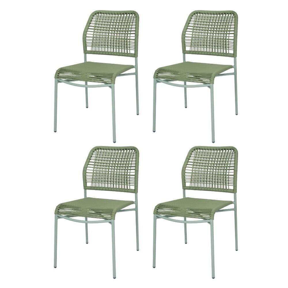 Kit 4 Cadeiras Empilhável Leme Fratini Aço Verde Assento E Encosto Trama De Corda Náutica Verde - 1