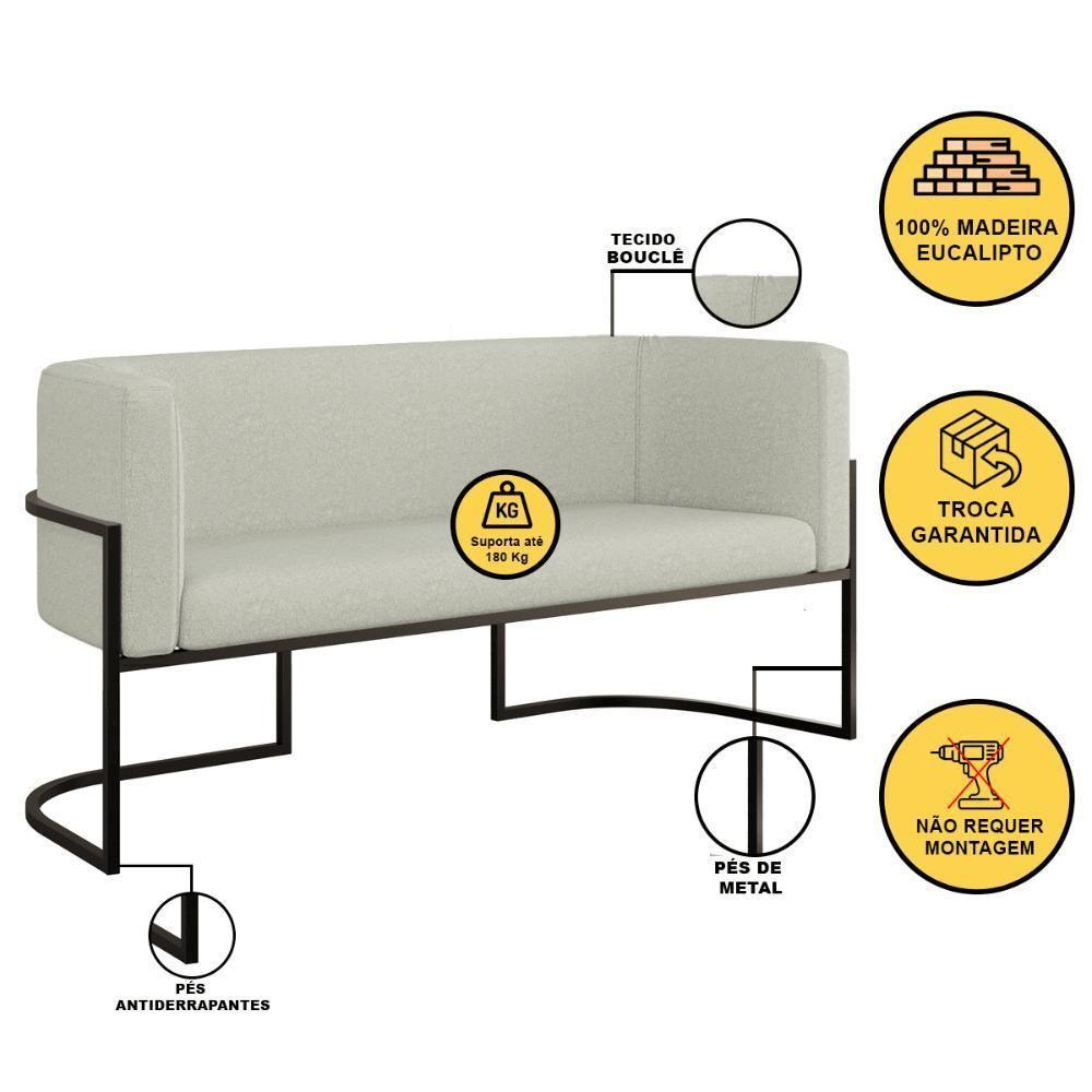 Sofá 2 Lugares Base Metal Preta Reforçada Recepção Bouclê Cor Bege - 2