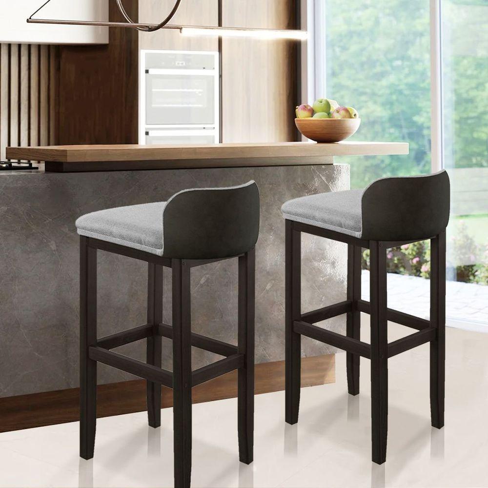 Kit 2 Banquetas Luxo Alta Onix - Base Em Madeira Maciça - Estofado Em Linho Com Composê No Corino - 3