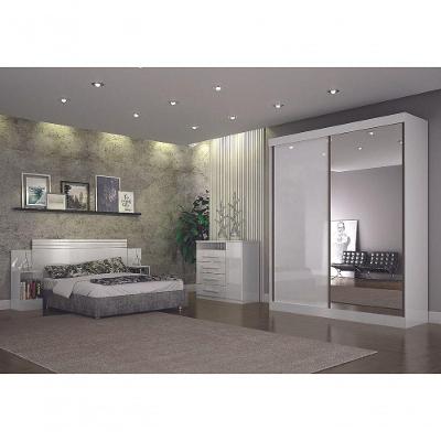 Guarda Roupa Solteiro São Paulo 2 Portas 3 Gavetas branco MDF com Espelho Leifer Móveis