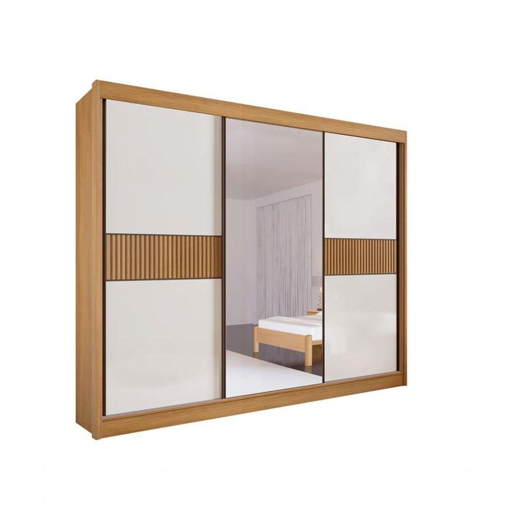 Guarda Roupa Casal Com Espelho 3 Portas 6 Gavetas - Los Angeles Ripado-cinamomo-off White - Móveis D'doro - 1