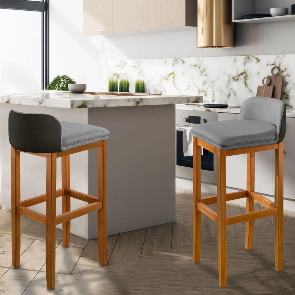 Kit 2 Banquetas Luxo Alta Onix - Base Em Madeira Maciça - Estofado Em Linho Com Composê No Corino - 1