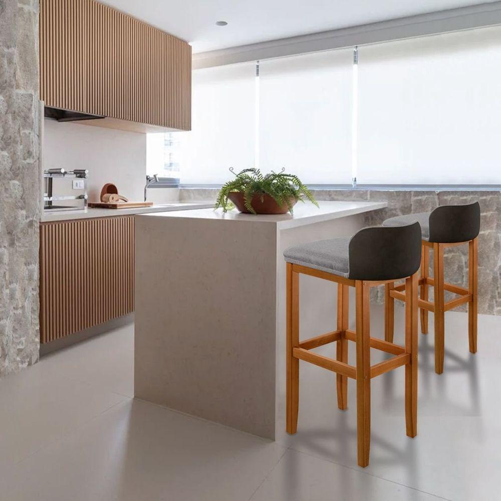 Kit 2 Banquetas Luxo Alta Onix - Base Em Madeira Maciça - Estofado Em Linho Com Composê No Corino - 3
