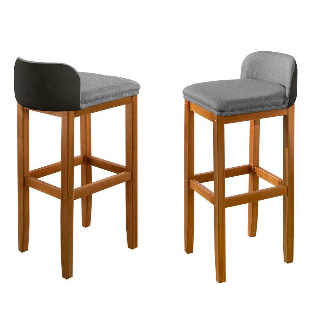 Kit 2 Banquetas Luxo Alta Onix - Base Em Madeira Maciça - Estofado Em Linho Com Composê No Corino - 4