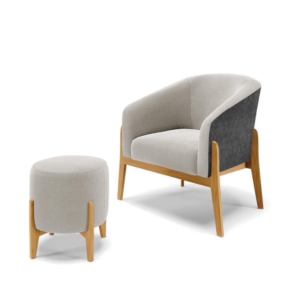 Poltrona E Puff Decorativo Base Madeira Stella Pu Preto/bouclê Cinza D03 - D'rossi - 1